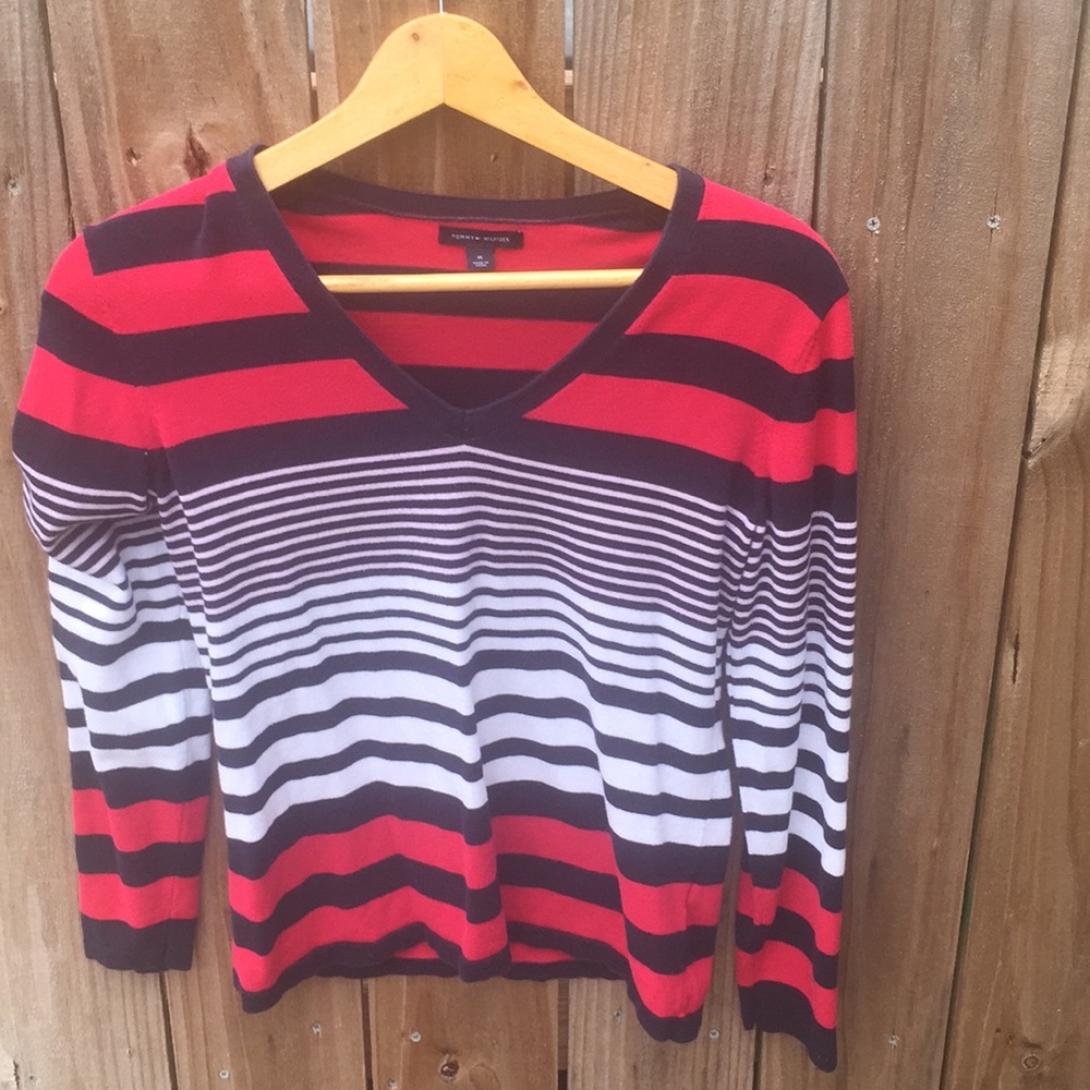 Tommy Hilfiger Striped Long Sleeve V Neck Sweater